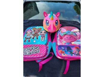 2 Girls Back Packs And Bicycle Helmet, Brand New