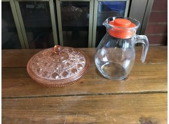 Pink Depression Glass Covered Dish & Glass Pitcher Italy