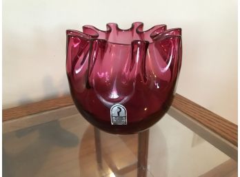 Vintage Pilgrim Folded Art Glass Cranberry Bowl