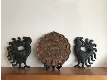 Kitchen Prayer & 2 Cast Iron Roosters And Kitchen Prayer Placque