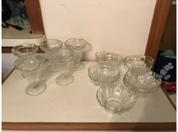 5 Vintage Sundae Cups & 9 Glass Cereal Bowls