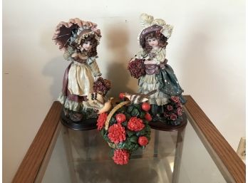 Lovely Decorative Lot ~ Two Ladies And Bird Basket ~