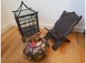 Hand Carved Book Stand Plus Iron And Glass Decor