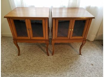 Two Wooden Bedside Tables With Glass Doors