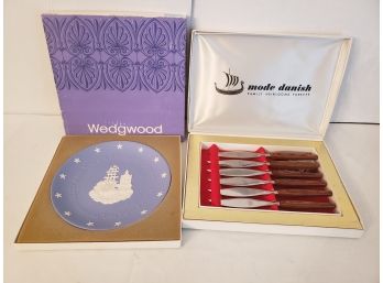 Wedgewood Decorative Boston Tea Party Plate And A Set Of Steakster Knifes Made In England New In Box