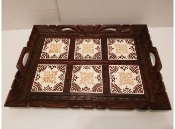 Beautiful Vintage Hand Carved Serving Tray With Tile Inserts