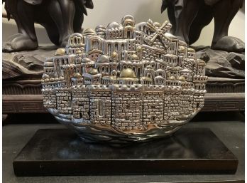 Artist Signed STERLING Silver Judaica Sculpture Of Jerusalem, On Marble Base