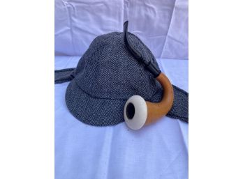 Vintage SHERLOCK HOLMES Tweed Wool Deerstalker Hat And Meerschaum Hardwood Pipe