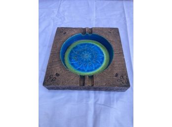 Vintage Mid Century Modern BITOSSI POTTERY Ashtray With Lime And Aqua Glaze