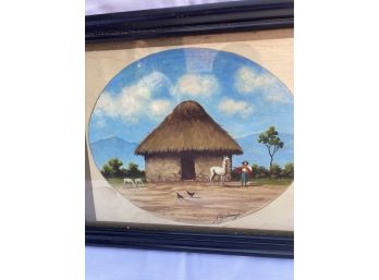 Vintage Artist Signed Peruvian Folk Art Painting- Hut, Farmer And Alpaca