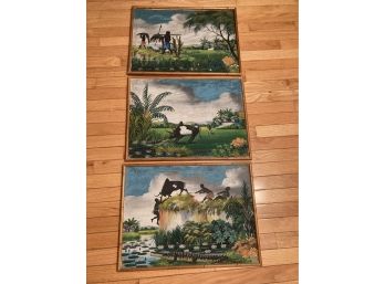 3 Vintage Signed Indonesian Folk Art Paintings On Board- Crocodile Related