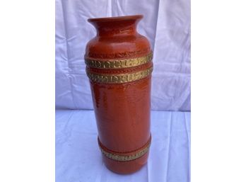 Large BITOSSI POTTERY Mid Century Modern Ceramin Vase In Bold Orange Glaze