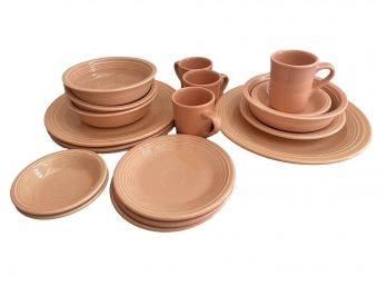 Vintage Fiesta Ware ,peach  .Setting For Four, Five Pieces Placement. 19 Pieces In Total.