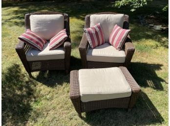 Hampton Bay , Pair Of Faux Wicker Patio Lounge Chairs And Ottoman. W/ With Sunbrella Cushions.