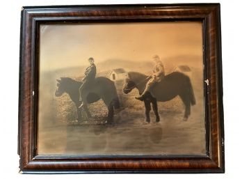 Antique Framed Photo Of Two Kids On Horses.