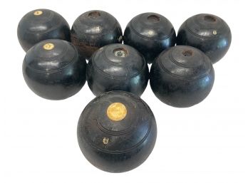 Set Of Eight Antique F.H Ayres ( London) Wood  Lawn Bowling , Bocce Ball. 5'