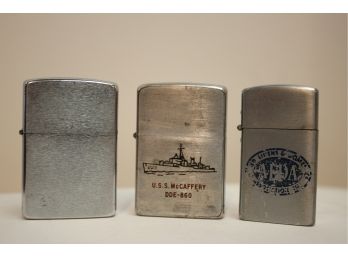 Vintage Lot Of Three Zippo & Trimlite Lighters, USS MCaffery