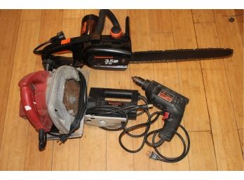 Mixed Lot Of Four Electric Power Tools, Chainsaw, Drill, Scroll & Circular Saws