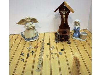Mixed Lot Of Religious Cross Pendants(1 10K Gold), Figurines And More
