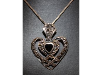 Vintage Sterling Silver 925 Marcasite & Onyx Heart Shaped Pendant Necklace