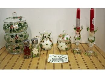 New Mixed Lot Cottage Borne Originals Holiday Holly & Poinsettia Painted Glassware