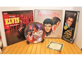 Elvis Presley Memorabilia 8 Tracks, Vinyl Records, Collector's Plate, 2 Postcards & Cocktail Stirrer