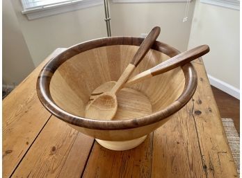 Pedestal Wood Salad Bowl With Banded Edge & Coordinating Salad Servers