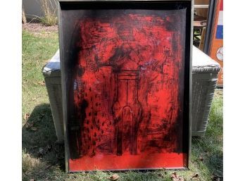 Vintage Framed Abstract Figure Black On Red Lithograph