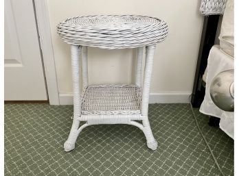 Round White Wicker Side Table With Lower Shelf