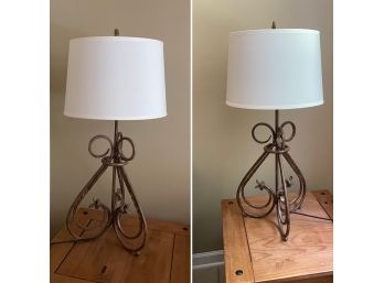 Pair Of Scroll Form Table Lamps With White Barrel Shades