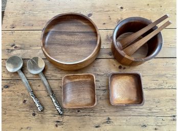 Collection Of Wood Salad Bowls & Servers Including Richard Nissen Designed Teak Salad Bowl, Made In Denmark