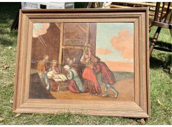 Vintage Oil Painting On Board Of The Nativity, Unsigned