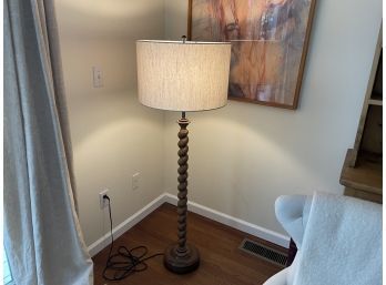 Twisted Dark Stained Wood Floor Lamp With Linen Barrel Shade