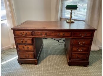 Antique Wood Desk With Tooled Leather Top