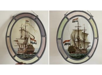 Pair Of Antique Dutch Ship Oval Stained Glass Panels, Purchased In The Netherlands