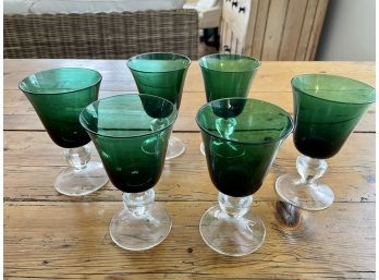 Six Crystal Green & Clear Wine Glasses