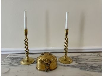 Brass Candlesticks & Vintage Brass Cricket Box