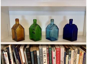 Four Vintage E.G. Booz's Old Cabin Whiskey Bottles In Aqua Blue, Green, Amber & Cobalt