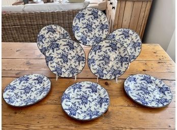 Set Of Eight 'Colonial Rose Blue' Plates By Wood & Sons, Made In England