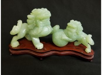 Vintage Jade Sculpture Lion Foo Dog With Stand