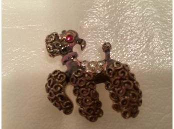 Vintage Silver Tone Poodle Red Rhinestone Eye