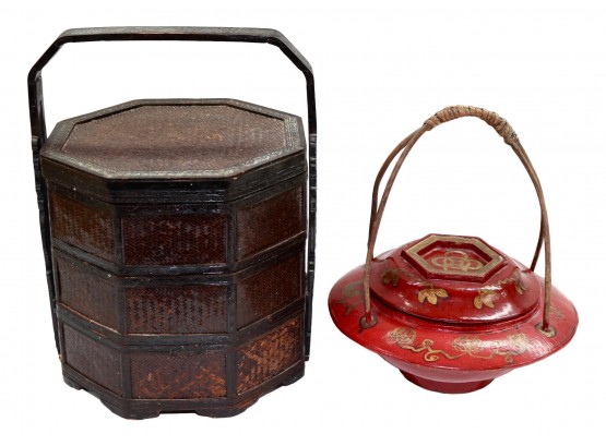 Antique Chinese Wooden Baskets: Three-tier Wedding And Red Lacquer Signed Hand Painted Jian Ding Certified Export Approval Seal (Attr. Fujian Province)