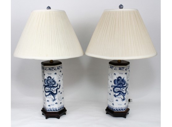 Set Of Two Vintage Blue And White Square Chinese Dragon Porcelain Lamps With Qing Dynasty Emperor Qianlong Mark