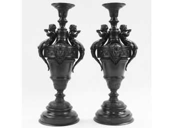 Antique Pair Of French Figural Cherubs Pewter Mantle Candleholders On Marble Base (18'H)