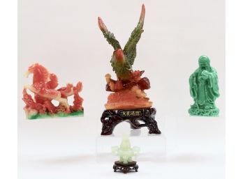 Chinese Feng Shui Flying Eagle Hawk, Galloping Horses, And God Of Longevity/Immortality Resin Primary Antique Statues And Carved Jadeite Tripod Censer