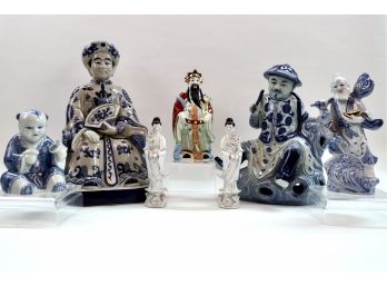 Vintage Chinese Figurines: 17'H High Official, 13.5'H Fisherman, Wise Man, Boy With Lotus, Guanyin Pair, Polychrome Immortal God,