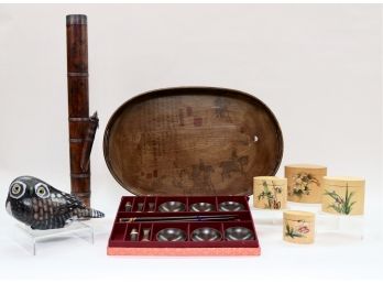Vintage Signed Chinese Bamboo Water Pipe, Chinese Nesting Boxes, Sushi Set And More