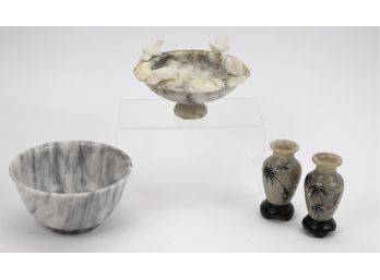 Marble And Chinese Hardstone: Vases, Bowl And Bird Bath