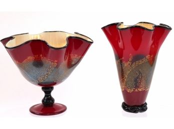 Nourot Glass Studio Red Satin Handcrafted Art Pieces Titled 'Sarafooted Flute' And 'Cabinet Flute'