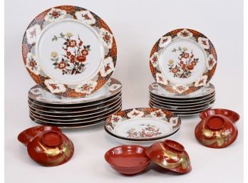 Vintage 1970s Kyoto Fine China (8 Dinner 8 Salad 2 Serving) And 6 Red And Gold Wood Lacquer Bowls